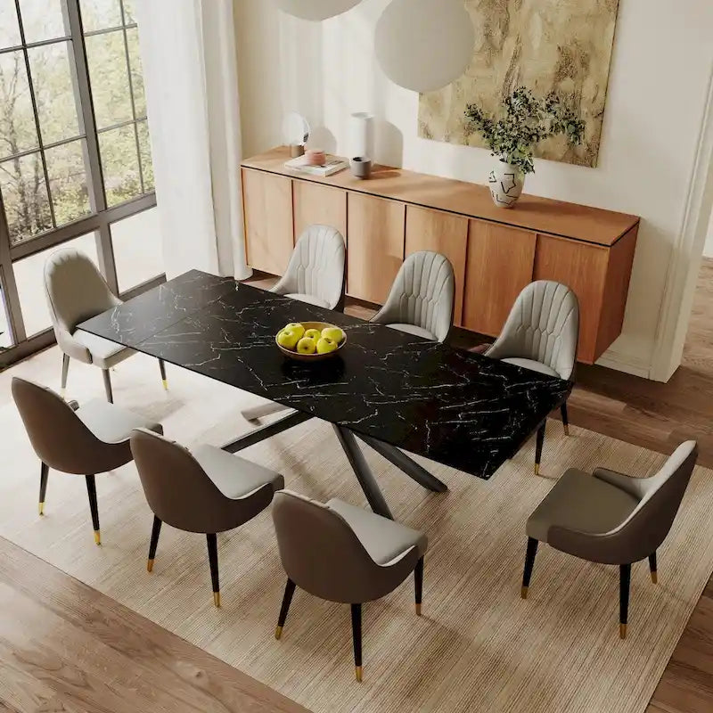 Ensemble de salle à manger extensible 9 pièces, rectangulaire, en pierre frittée avec pieds croisés et 8 chaises