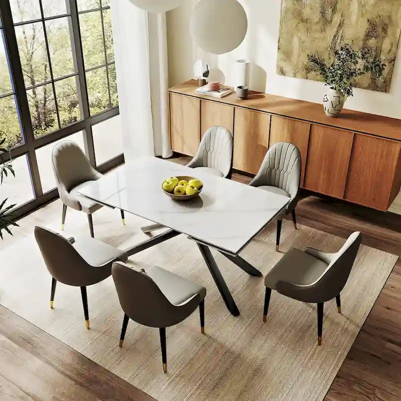 Ensemble de salle à manger extensible 9 pièces, rectangulaire, en pierre frittée avec pieds croisés et 8 chaises