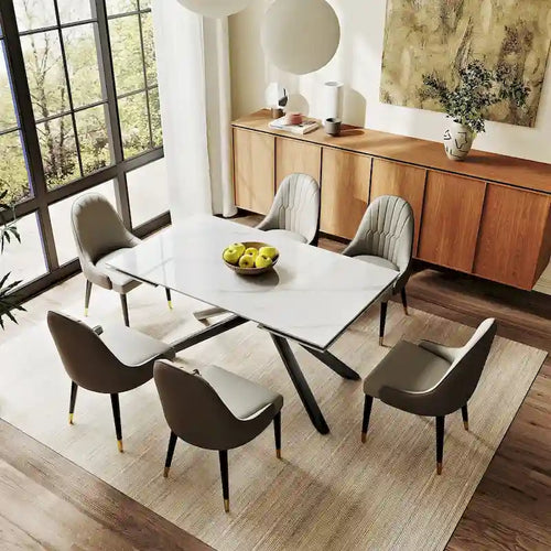 Ensemble de salle à manger extensible 9 pièces, rectangulaire, en pierre frittée avec pieds croisés et 8 chaises