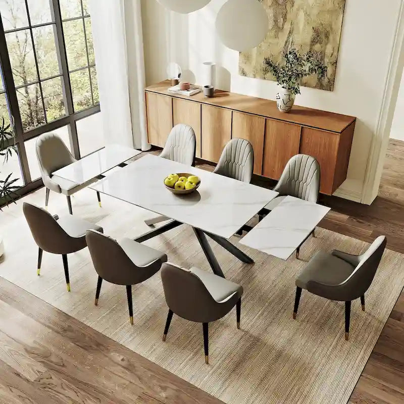 Ensemble de salle à manger extensible 9 pièces, rectangulaire, en pierre frittée avec pieds croisés et 8 chaises