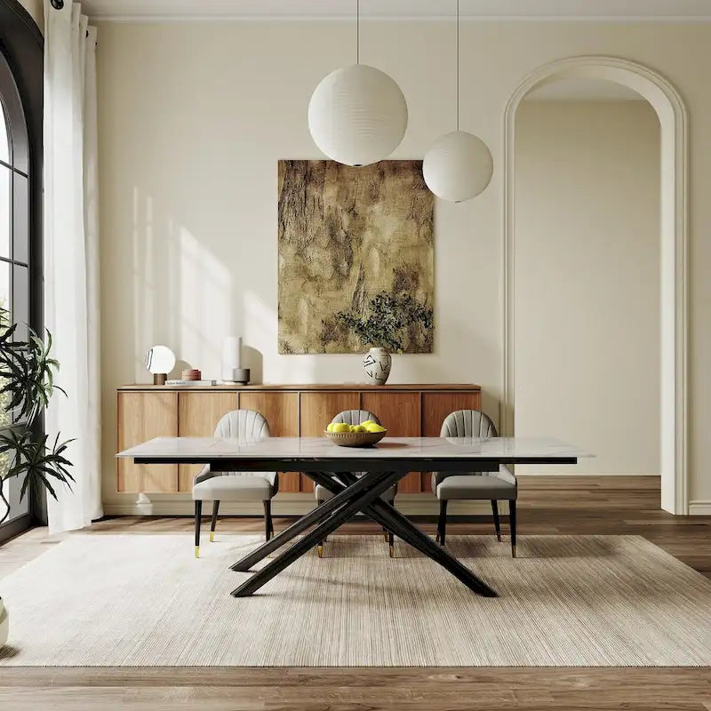 Ensemble de salle à manger extensible 9 pièces, rectangulaire, en pierre frittée avec pieds croisés et 8 chaises