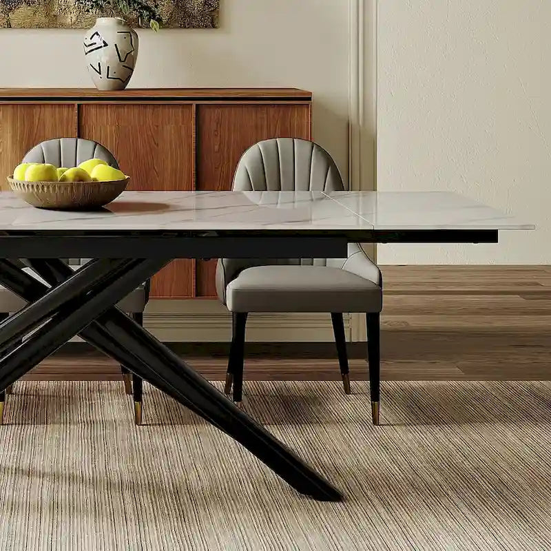 Ensemble de salle à manger extensible 9 pièces, rectangulaire, en pierre frittée avec pieds croisés et 8 chaises