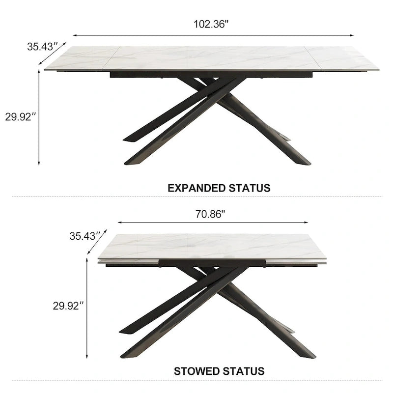 Ensemble de salle à manger extensible 9 pièces, rectangulaire, en pierre frittée avec pieds croisés et 8 chaises