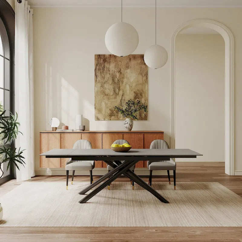 Ensemble de salle à manger extensible 9 pièces, rectangulaire, en pierre frittée avec pieds croisés et 8 chaises
