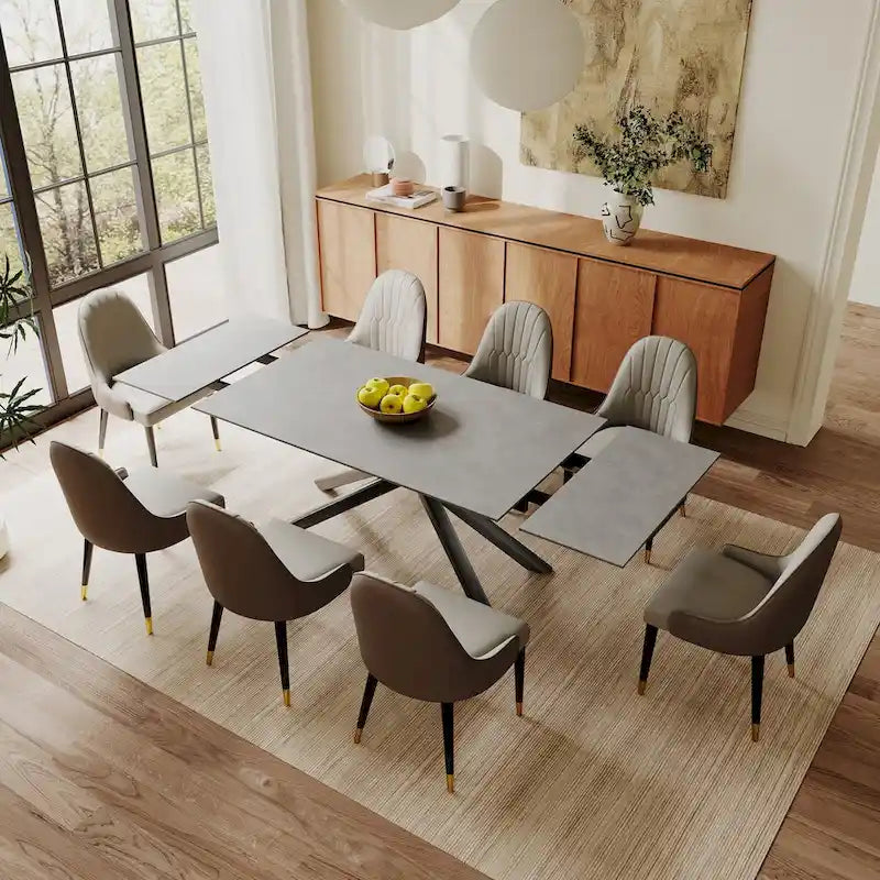 Ensemble de salle à manger extensible 9 pièces, rectangulaire, en pierre frittée avec pieds croisés et 8 chaises
