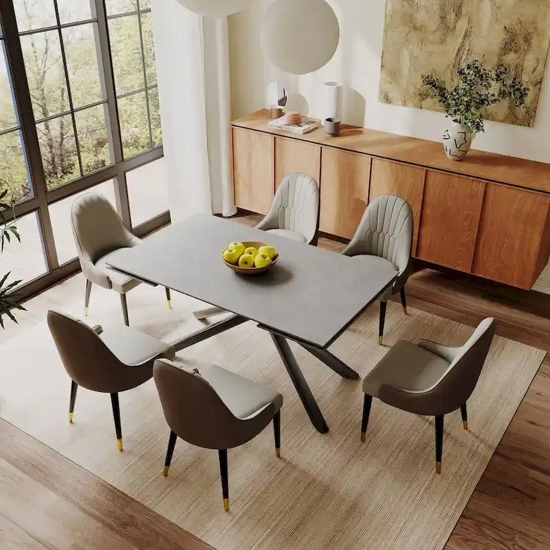 Ensemble de salle à manger extensible 9 pièces, rectangulaire, en pierre frittée avec pieds croisés et 8 chaises