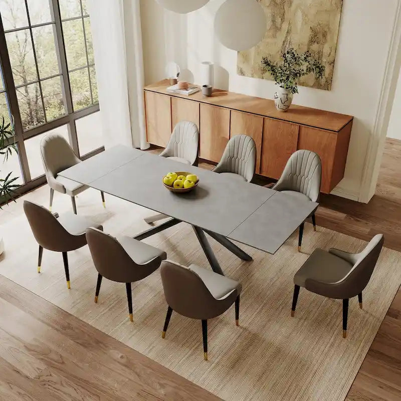 Ensemble de salle à manger extensible 9 pièces, rectangulaire, en pierre frittée avec pieds croisés et 8 chaises
