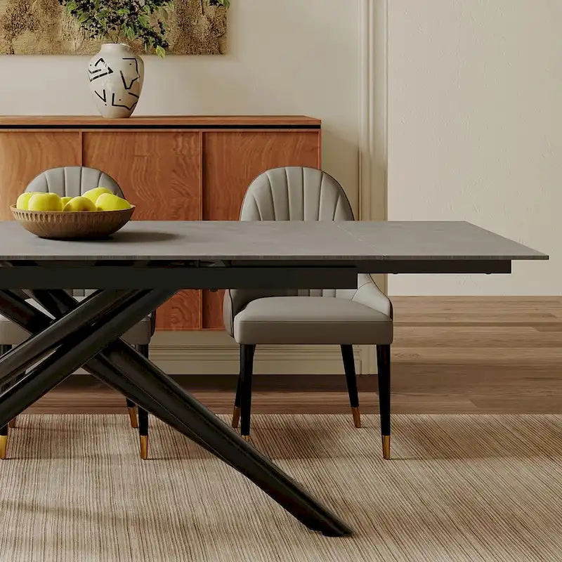 Ensemble de salle à manger extensible 9 pièces, rectangulaire, en pierre frittée avec pieds croisés et 8 chaises