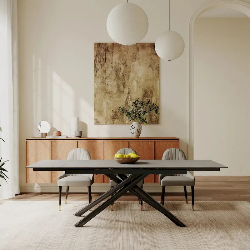 Ensemble de salle à manger extensible 9 pièces, rectangulaire, en pierre frittée avec pieds croisés et 8 chaises