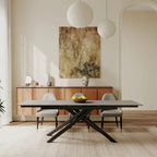 Ensemble de salle à manger extensible 9 pièces, rectangulaire, en pierre frittée avec pieds croisés et 8 chaises