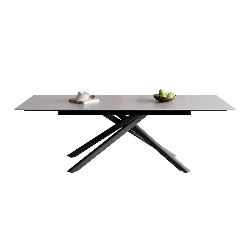 Ensemble de salle à manger extensible 9 pièces, rectangulaire, en pierre frittée avec pieds croisés et 8 chaises