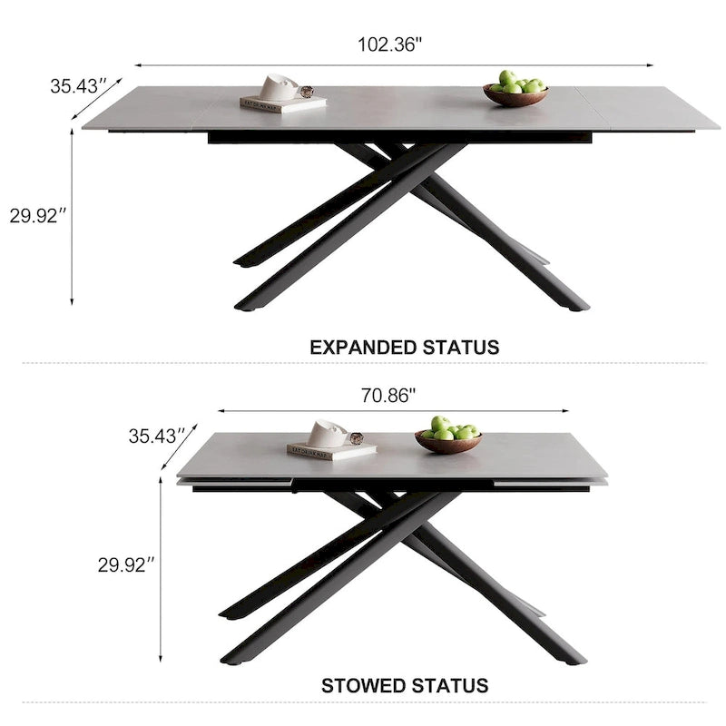 Ensemble de salle à manger extensible 9 pièces, rectangulaire, en pierre frittée avec pieds croisés et 8 chaises