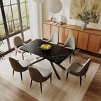 Ensemble de salle à manger extensible 9 pièces, rectangulaire, en pierre frittée avec pieds croisés et 8 chaises
