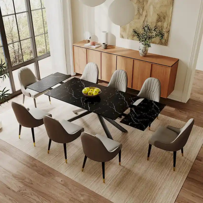 Ensemble de salle à manger extensible 9 pièces, rectangulaire, en pierre frittée avec pieds croisés et 8 chaises