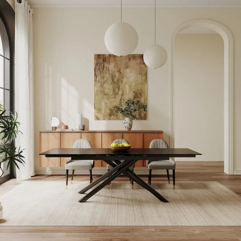 Ensemble de salle à manger extensible 9 pièces, rectangulaire, en pierre frittée avec pieds croisés et 8 chaises