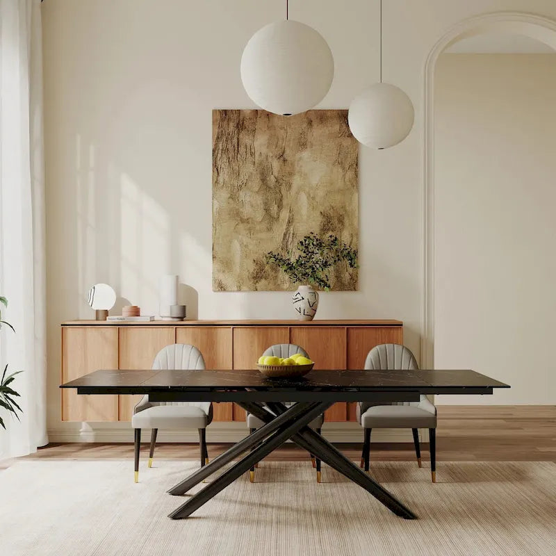 Ensemble de salle à manger extensible 9 pièces, rectangulaire, en pierre frittée avec pieds croisés et 8 chaises