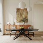 Ensemble de salle à manger extensible 9 pièces, rectangulaire, en pierre frittée avec pieds croisés et 8 chaises