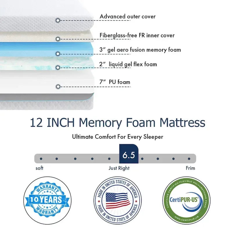 Matelas en mousse à mémoire de forme et gel de 30 cm (12 pouces), matelas rafraîchissant à sensation moyenne, livré en boîte, CertiPUR-US
