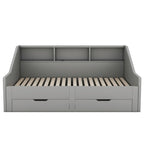 Cadre de lit de jour convertible en lit king size avec bibliothèque de rangement, deux tiroirs et système de recharge.