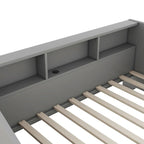 Cadre de lit de jour convertible en lit king size avec bibliothèque de rangement, deux tiroirs et système de recharge.