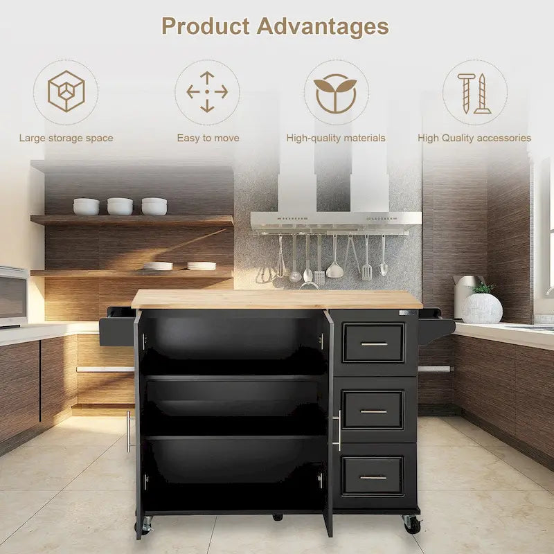 Îlot de cuisine mobile et desserte, avec plateau extensible en bois d'hévéa et 3 tiroirs - 53,93 cm (L) x 17 cm (l) x 36,22 cm (H)