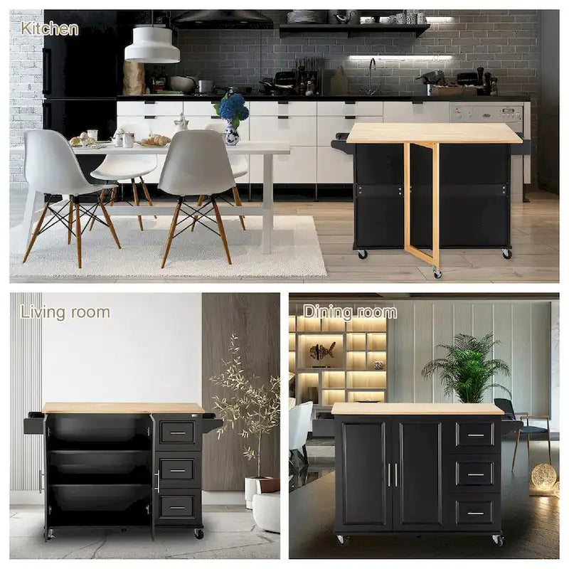 Îlot de cuisine mobile et desserte, avec plateau extensible en bois d'hévéa et 3 tiroirs - 53,93 cm (L) x 17 cm (l) x 36,22 cm (H)