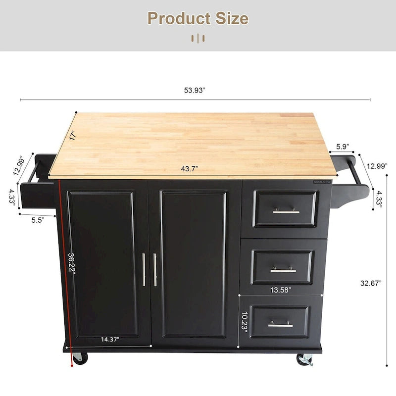 Îlot de cuisine mobile et desserte, avec plateau extensible en bois d'hévéa et 3 tiroirs - 53,93 cm (L) x 17 cm (l) x 36,22 cm (H)