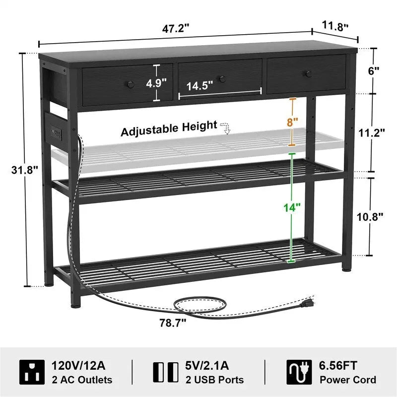 Table d'entrée 47 avec prises électriques et ports USB - 11,8 cm (P) x 47,2 cm (L) x 31,8 cm (H)