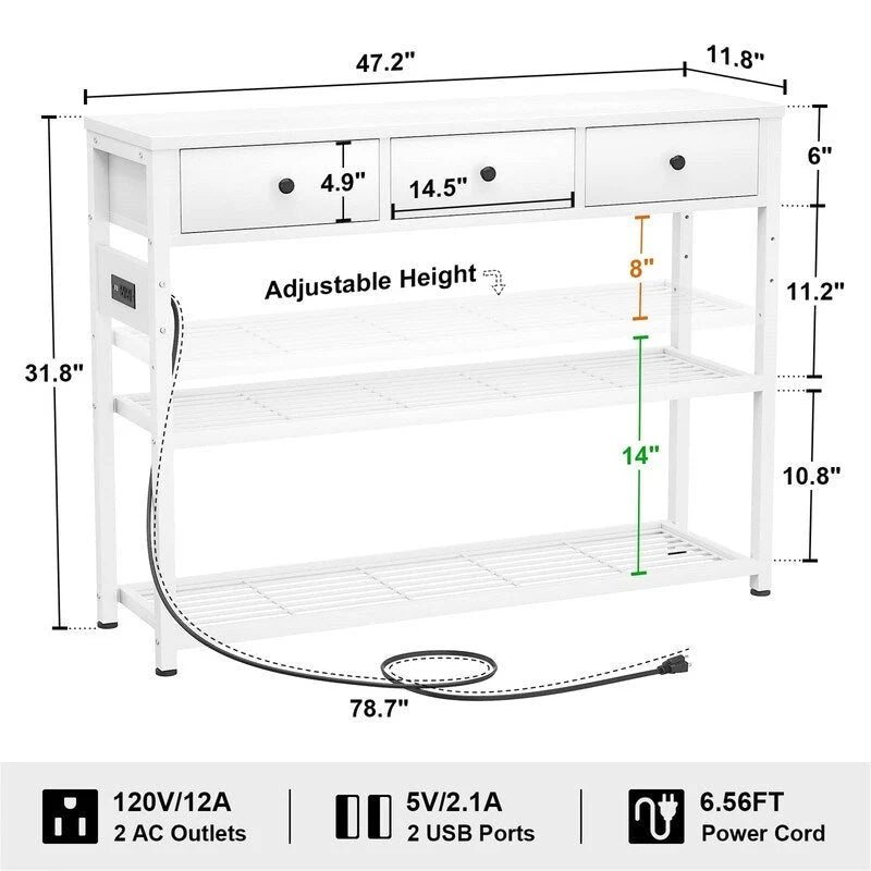 Table d'entrée 47 avec prises électriques et ports USB - 11,8 cm (P) x 47,2 cm (L) x 31,8 cm (H)