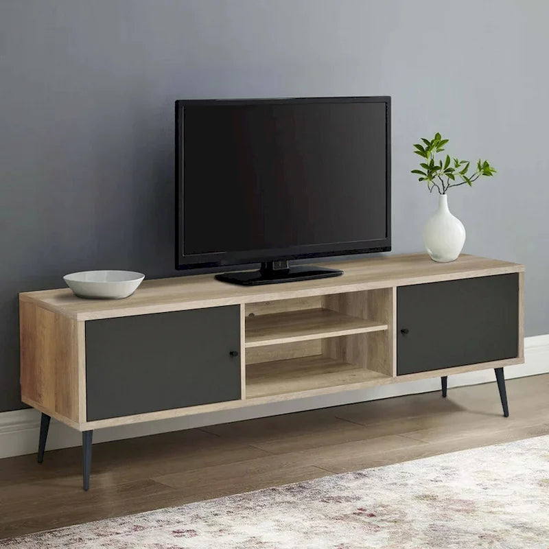 Meuble TV 71 pouces, 2 compartiments ouverts, marron et gris