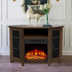 Meuble TV d'angle industriel avec cheminée électrique intégrée, 2 portes en treillis métallique et télécommande.