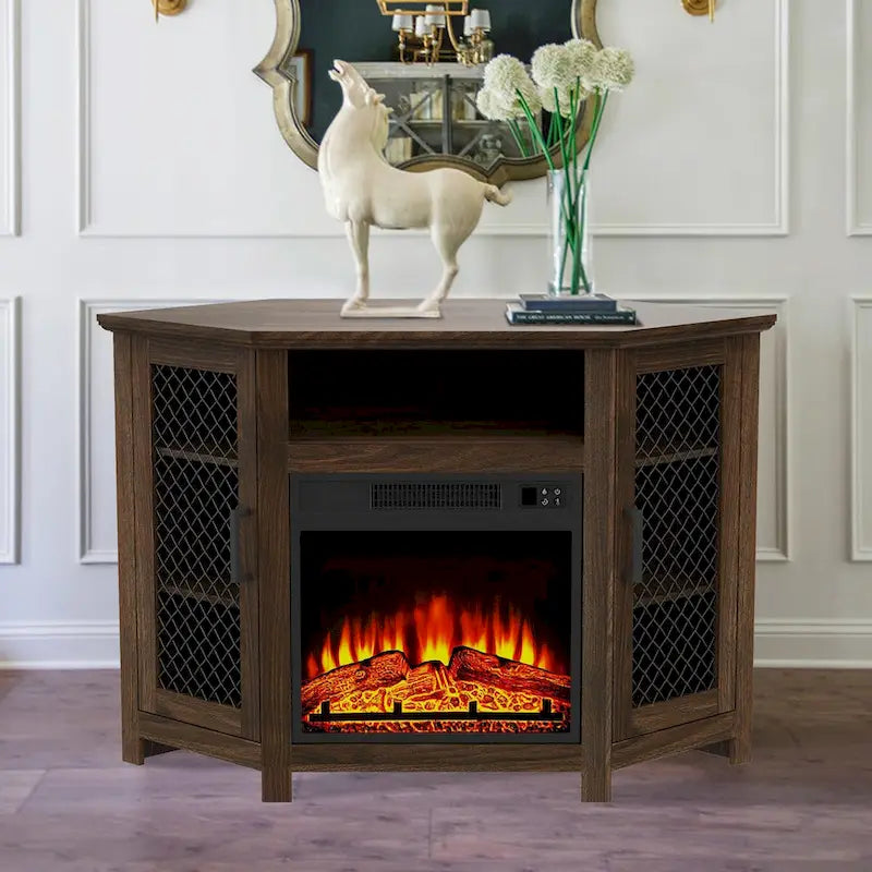 Meuble TV d'angle industriel avec cheminée électrique intégrée, 2 portes en treillis métallique et télécommande.