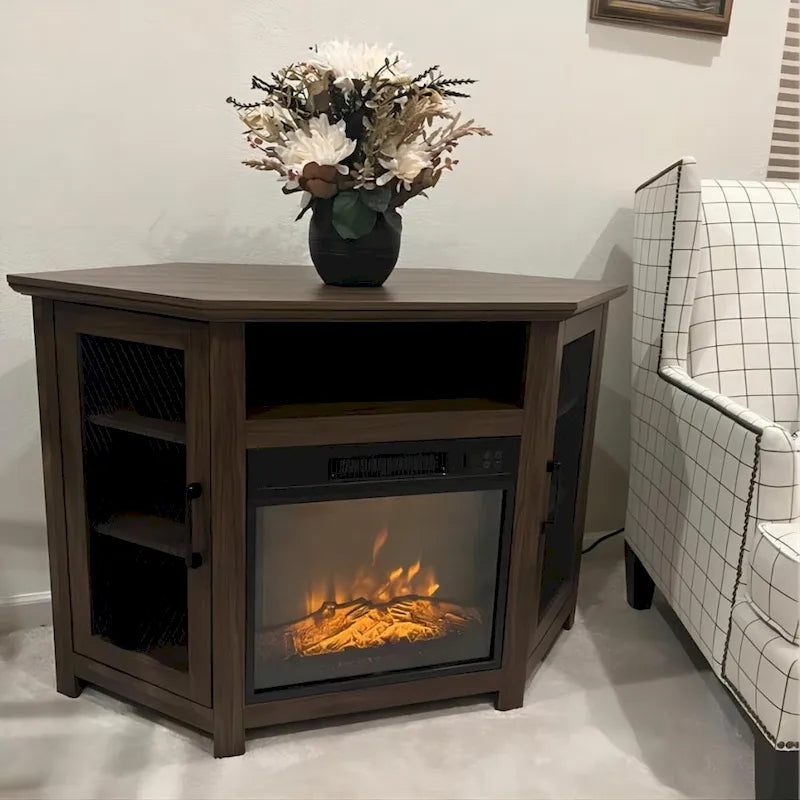 Meuble TV d'angle industriel avec cheminée électrique intégrée, 2 portes en treillis métallique et télécommande.