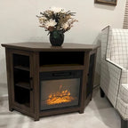 Meuble TV d'angle industriel avec cheminée électrique intégrée, 2 portes en treillis métallique et télécommande.