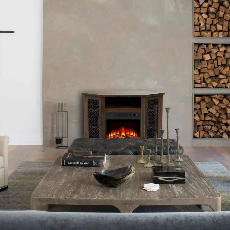 Meuble TV d'angle industriel avec cheminée électrique intégrée, 2 portes en treillis métallique et télécommande.