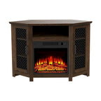 Meuble TV d'angle industriel avec cheminée électrique intégrée, 2 portes en treillis métallique et télécommande.