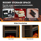 Meuble TV d'angle industriel avec cheminée électrique intégrée, 2 portes en treillis métallique et télécommande.