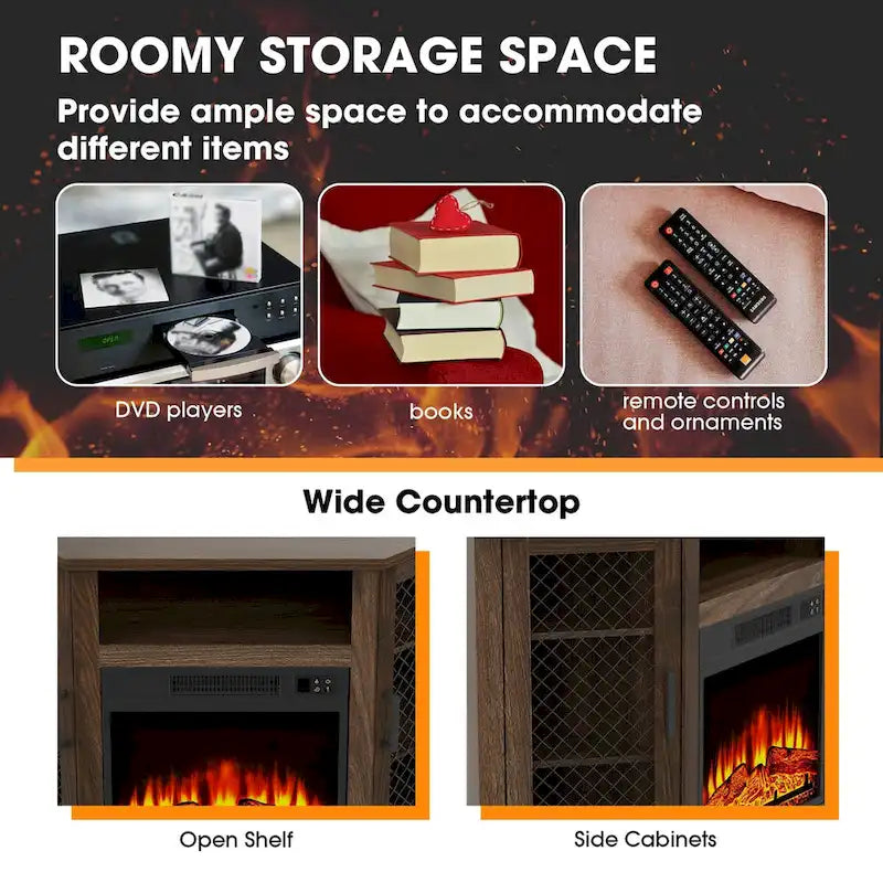 Meuble TV d'angle industriel avec cheminée électrique intégrée, 2 portes en treillis métallique et télécommande.