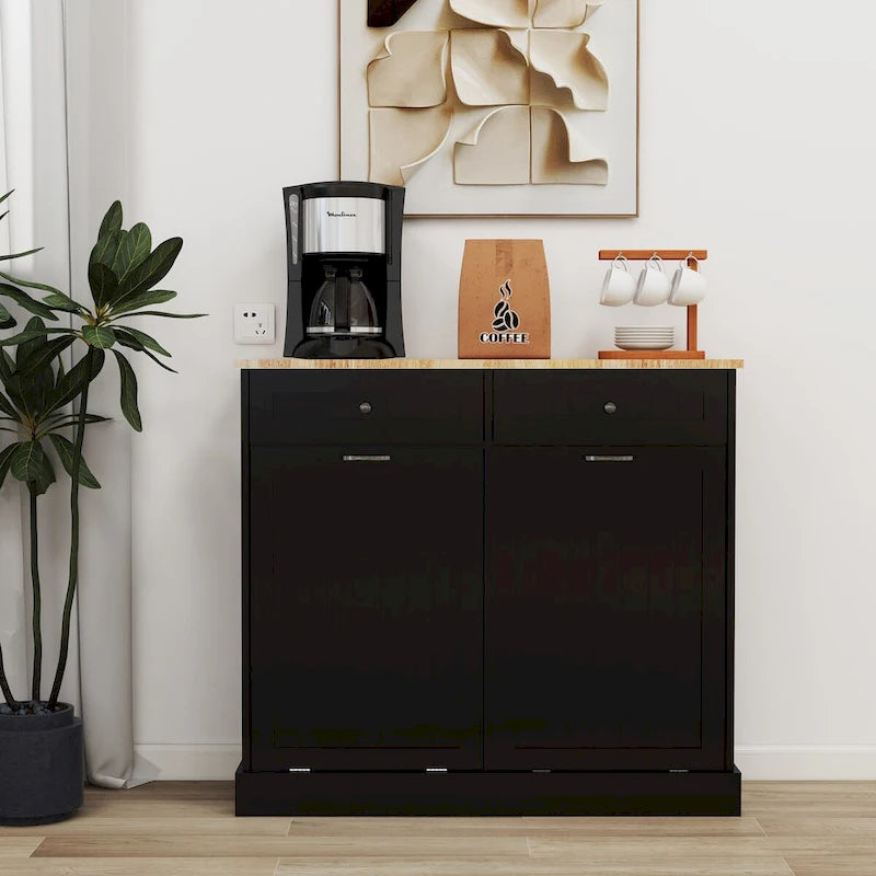 Armoire à poubelle de cuisine à deux tiroirs et deux compartiments basculants - Noire
