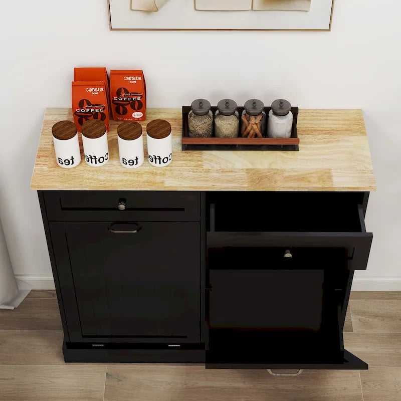 Armoire à poubelle de cuisine à deux tiroirs et deux compartiments basculants - Noire
