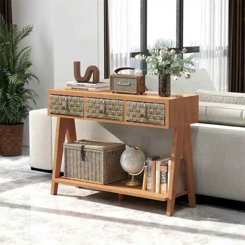 Console moderne en bois avec rangement et étagère ouverte