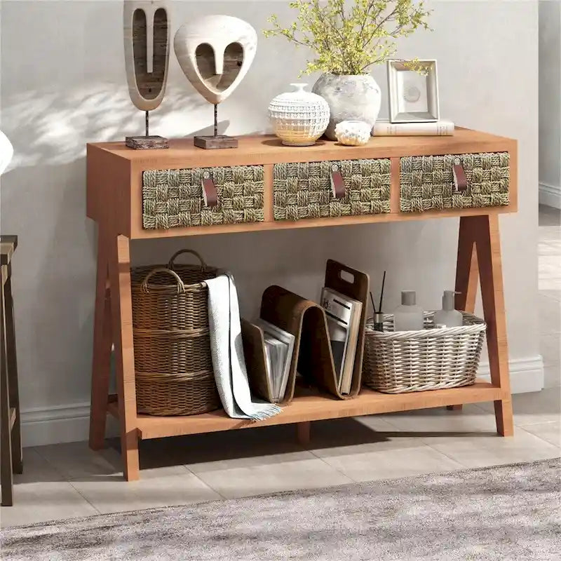 Console moderne en bois avec rangement et étagère ouverte