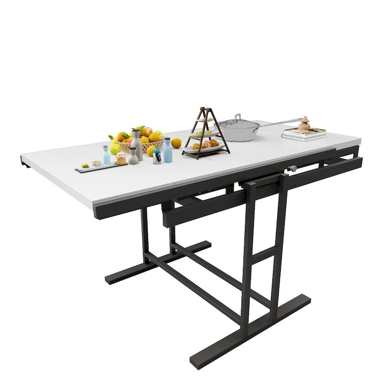 Table de salle à manger convertible multifonctionnelle en acajou massif, étagère de table gain de place amovible pour la maison et le studio, finition blanche