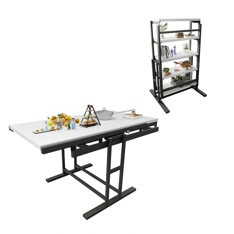 Table de salle à manger convertible multifonctionnelle en acajou massif, étagère de table gain de place amovible pour la maison et le studio, finition blanche