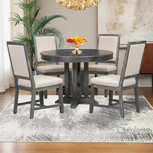 Ensemble de salle à manger 5 pièces comprenant une table ronde extensible et 4 chaises rembourrées, style campagnard, pour la cuisine ou la salle à manger.