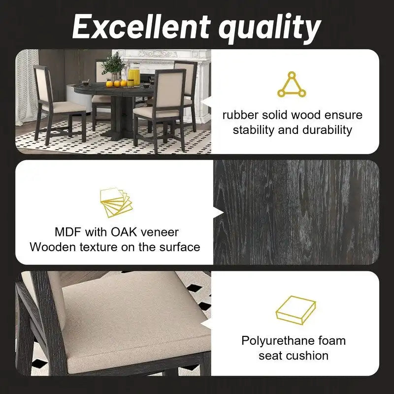 Ensemble de salle à manger 5 pièces comprenant une table ronde extensible et 4 chaises rembourrées, style campagnard, pour la cuisine ou la salle à manger.