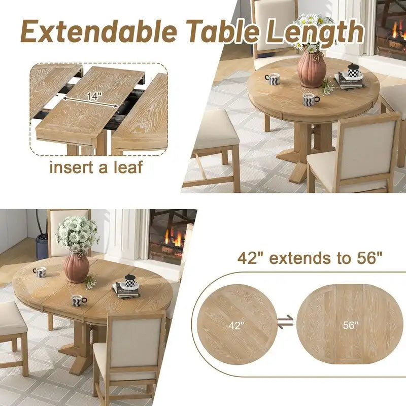 Ensemble de salle à manger 5 pièces comprenant une table ronde extensible et 4 chaises rembourrées, style campagnard, pour la cuisine ou la salle à manger.