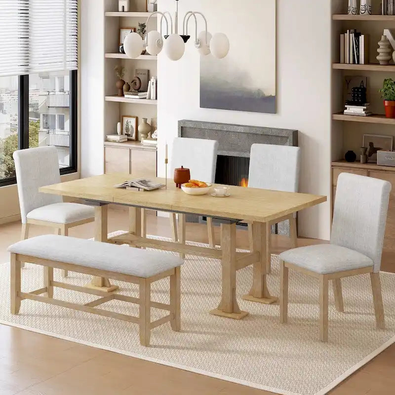 Ensemble de table à manger extensible 6 pièces style ferme avec étagère intégrée