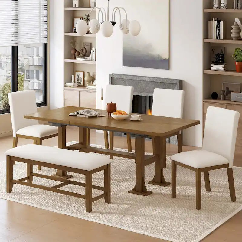 Ensemble de table à manger extensible 6 pièces style ferme avec étagère intégrée