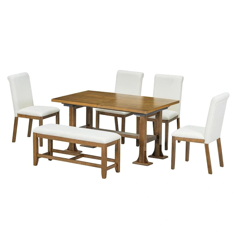 Ensemble de table à manger extensible 6 pièces style ferme avec étagère intégrée